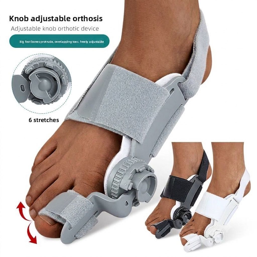 The Grand Laurel Bunion Fix hinged corrector worn on a foot, with the adjustable knob highlighted
